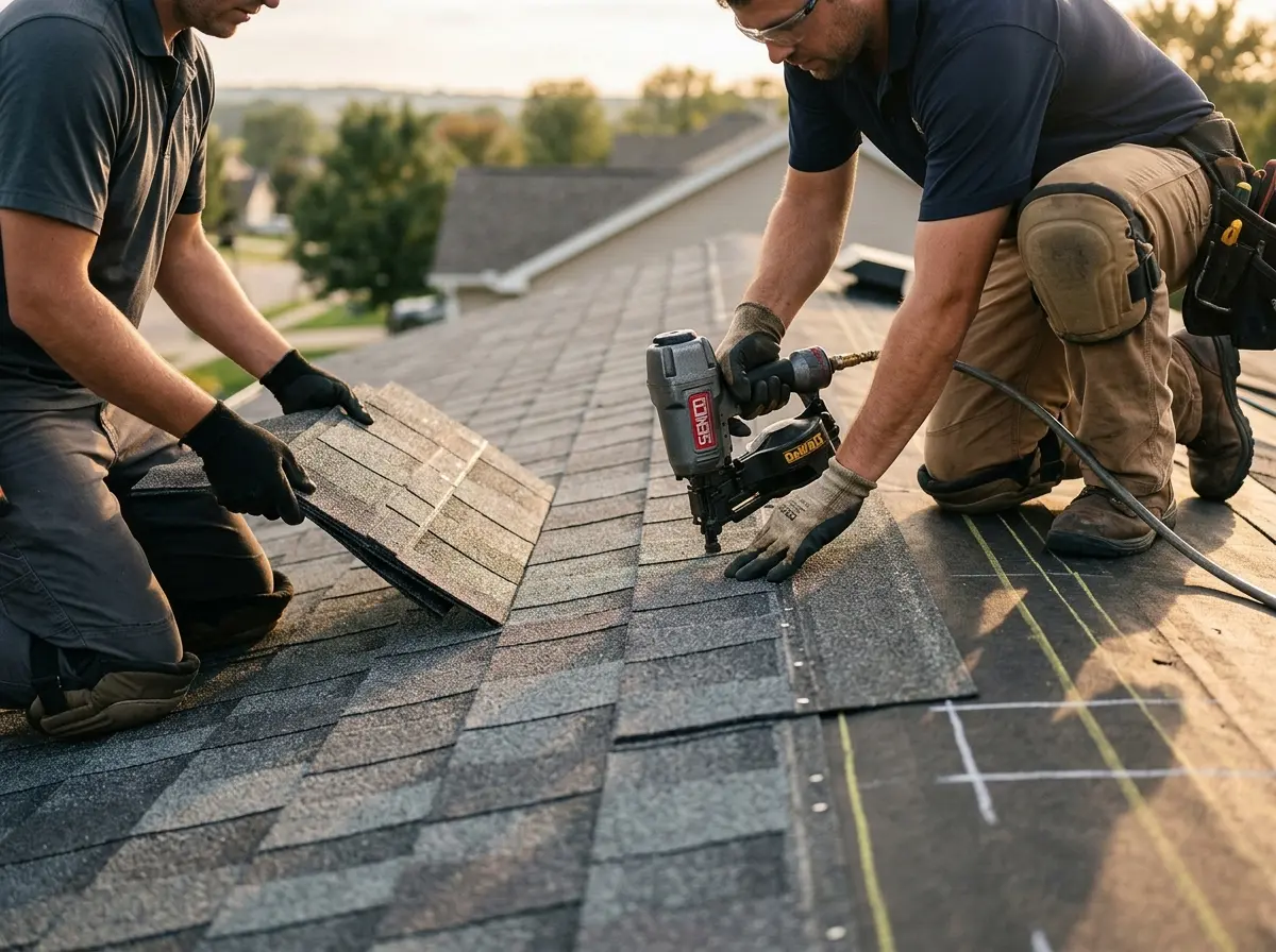 Professional roofer working on a residential roof in Middle River